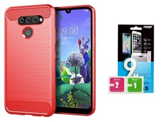Etui Pokrowiec Carbon do LG Q60 czerwony + szkło hartowane 9H