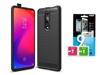 Futerał Carbon do Xiaomi Mi 9T czarny + szkło hartowane 9H