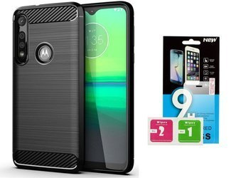Etui Futerał Carbon do Motorola Moto G8 Plus czarny + szkło hartowane 9H