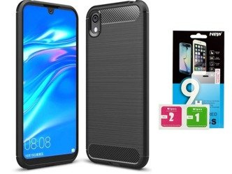 Etui Futerał Carbon do Huawei Y5 2019 czarny + szkło hartowane 9H