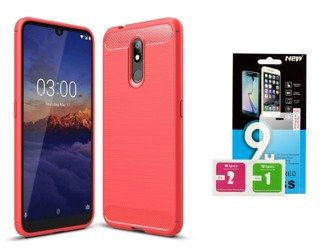 Nokia 3.2 - Etui Futerał Carbon + szkło hartowane 9H - czerwony
