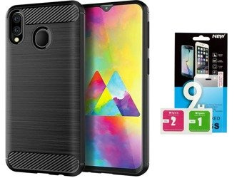 Futerał Carbon do Samsung Galaxy M20 czarny + szkło hartowane 9H