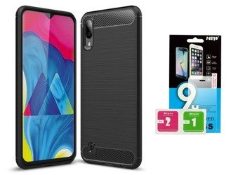 Futerał Carbon do Samsung Galaxy A10 / M10 czarny + szkło hartowane 9H