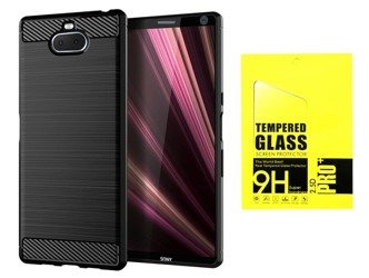 Futerał Carbon do SONY XPERIA 10 PLUS czarny + szkło hartowane 9H