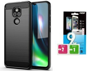 Etui do Motorola Moto E7 PLUS / G9 PLAY Carbon  czarny + szkło hartowane 9H