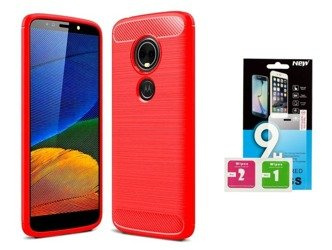 Futerał Carbon Motorola Moto E5 Play czerwony + szkło hartowane