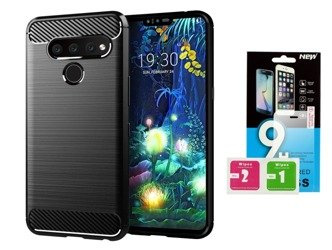Etui Futerał Carbon do LG K50s czarny + szkło hartowane 9H