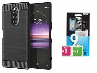 Futerał Carbon do SONY XPERIA 1 czarny + szkło hartowane 9H