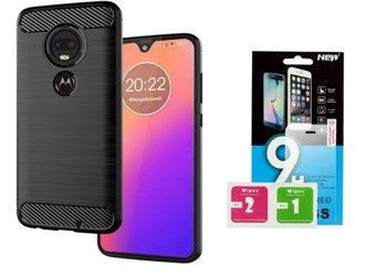 Futerał Carbon do Motorola Moto G7 POWER czarny + szkło hartowane 9H