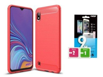 Futerał Carbon do Samsung Galaxy A10 czerwony + szkło hartowane 9H