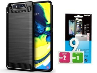 Futerał Carbon do Samsung A80 czarny + szkło hartowane 9H