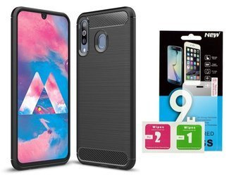 Futerał Carbon do Samsung A40s czarny + szkło hartowane 9H